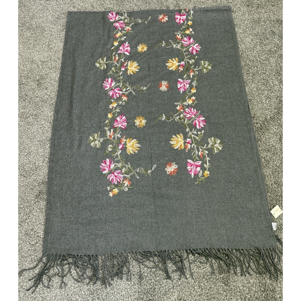 NWT World Market Gray Embroidered Floral Scarf Wrap 27"x 72" Lightweight Fringe